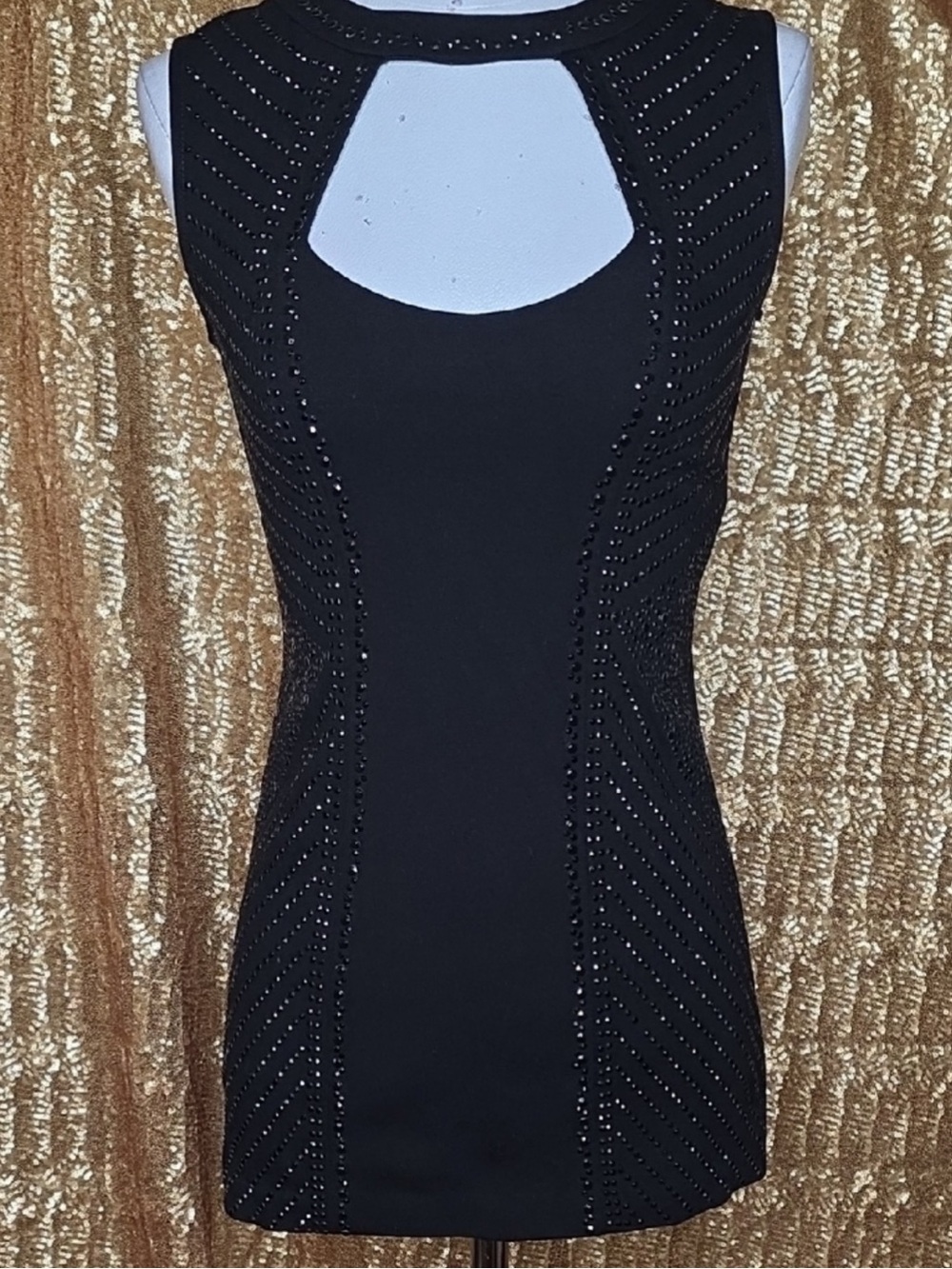 Caché black beaded cutout bodycon sleeveless tunic top/mini dress medium